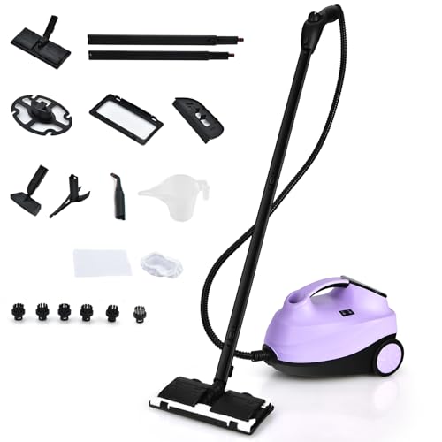 GOPLUS Nettoyeur Vapeur, 19 Accessoires, Pression 4 Bar Puissance 2000W avec Réservoir d'Eau 1,5L, Balai Vapeur pour Tapis, Fenêtre, Verre et Rideau, Viiolet