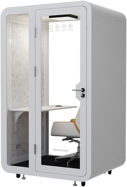 Mobile Office Pod Booth, Sound Proof, Steel Frame, Sound-Absorbing Materials, Tempered Glass, LED Light, Fans, USB Ports, Desk, 110V-250V Power.