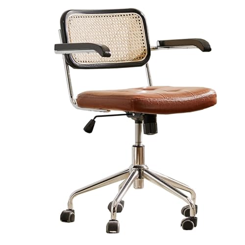 MBNKMEBU Silla de Oficina Moderna for el hogar, Silla de Escritorio de Cuero con Respaldo de ratán Natural, Silla de tocador giratoria ergonómica con Ruedas y Altura Ajustable.(Bruin)