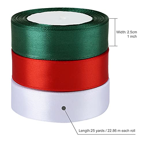 Naler 3 Rolls 1”X 25 Yards Satin Ribbon Christmas Double Faced Satin Ribbon Rolls For Gift Wrapping Christmas Wedding Favor Decoration Supplies(Red, Green, White) #TOP1
