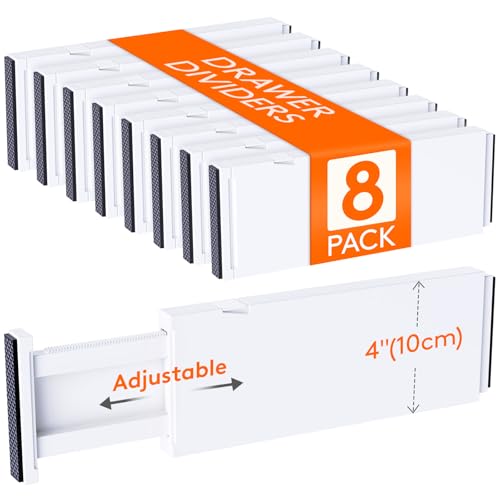 Lifewit Separadores Cajones de 10cm Altura, Organizador Armario, 28-44,5cm Ajustables Divisores para Almacenaje Ropa/Camisetas/Pantalone, Accesorios para Baño/Cocina/Oficina, Blanco, Paquete 8