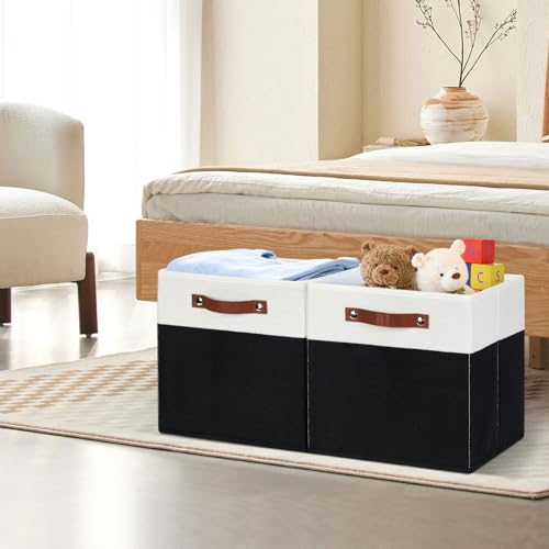 DULLEMELO Fabric Storage Bins for Shelves, Cube Storage Organizer Bins with PU Handles, Set of 4 Decorative Collapsible Storage Bins for Cube Storage,White&Black by DULLEMELO - Image 7