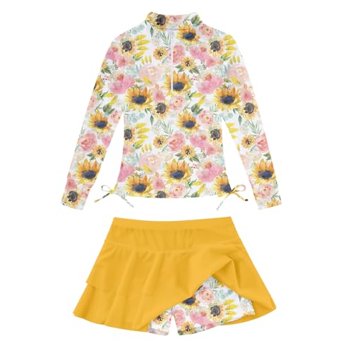 10-12 Girls Sunflower Swimsuits for Teens 2 Piece Beach Bathing Suits with Cover Up Skirts Size 10 Big Girls' Summer Vacation Long Sleeve Rash Guard Shirt Swimwear Child 3D Print Cute Shorts for Party
