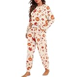 TOFRIMADE Fall Pjs Women Plus Size Loungewear Pumpkin Pajamas Sets Maple Leaf Print Long Sleeve Lounge Set Drawstring Pj Fall Pajamas Autumn Nightwear Fall Outfits