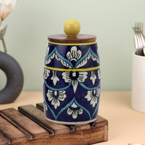 VarEesha Hand-made Hand Painted Blue White Floral Small Dholak Ceramic Jars| Airtight Kitchen Containers for Pickles, Cookies, Chutney, Sugar, Dry Fruits| Leak Proof Ceramic Barni|300 ML (Set of 2)