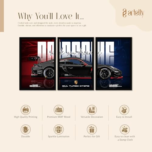 Image of ARTELLY Big Porsche 911 GT3rs Sports Car Framed Wall Posters, Set of 3, Premium Framed Painting, Living Room Bedroom Decoration, Large Size Gift Item for Boys Room Decor (Porsche 4, 10x13 inch)