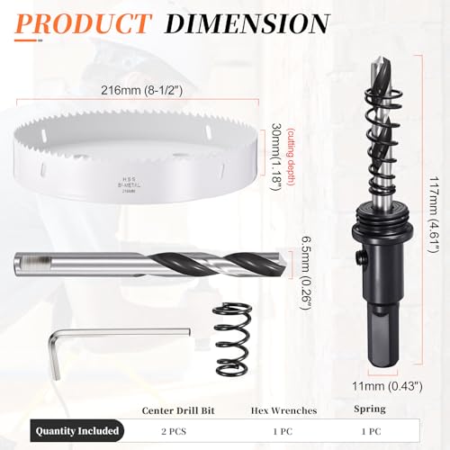 METALLIXITY Bi-Metal Hole Saw 8-1/2", M42 HSS Circular Head 216mm Hole Cutter with 2 Pilot Drill Bits - for Stainless Steel Hard Steel Sheet, White by METALLIXITY - Image 2