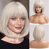 HAIRCUBE Charming Creamy White Short Bob Wigs with Bangs Synthetic Heat Resistant 12 Inch Wigs for Women
