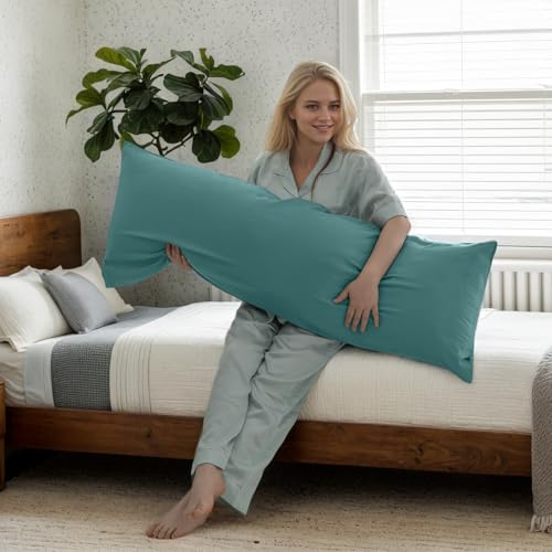Image of Body Cooling Pillow Cases Cover, Bamboo Rayon Pillowcases with Zipper Closure, Cool and Breathable Pillow Case for Hot Sleepers and Night Sweats, 20x54 inches, Teal