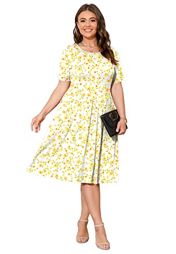 Image of POSESHE Womens Plus Size Summer Dress 2026 Casual Short Sleeve Empire Waist Loose Fit Swing T-Shirt Dress with Pockets