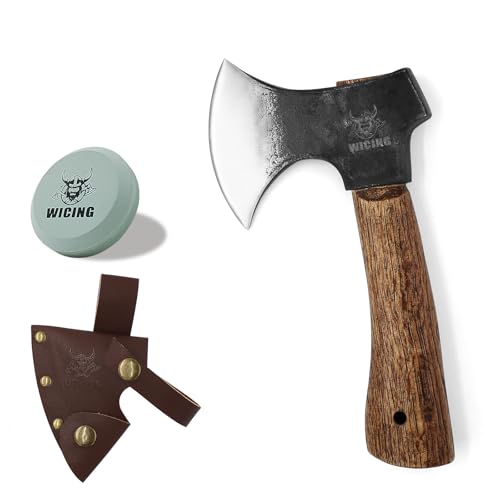 WICING Hatchet, 8 Inches Small Hand Axe 1065 Manganese Steel and Beech Wood Handle with Leather Sheath