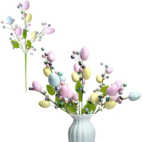 VSHZXFH 4pcs Artificial Easter Flower Easter Spray with Eggs and Colorful Berries Christmas Decorative Spring Floral Stems Speckled Easter Egg Twig Branches for Easter Floral Arrangement Easter Picks Cover