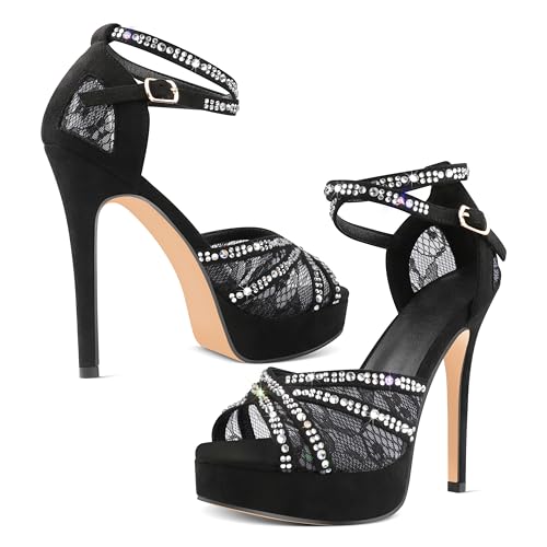 Women's Platform Heels Peep Toe Pumps Sexy Mesh Stilettos Sparkly Rhinestone High Heels Ankle Strap Shoes for Party Dance Prom2