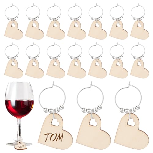 AHANDMAKER 50 Pcs Wine Glass Charms Wood Heart Drink Markers Glass Ring with Brass Hoop Drink Charms Party Decorations for Tasting Party Glass Identification Decoration