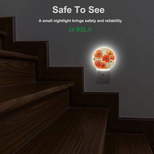 Image of EKOBLA Poppy Flower Night Light, Vintage Red Orange Floral Night Lights Plug Into Wall with Dusk to Dawn Sensor for Hallway