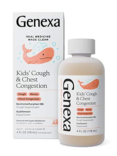 Genexa Kids' Cough & Chest Congestion Liquid Medicine - Organic Blueberry Flavor 4oz | Cough Suppressant & Expectorant