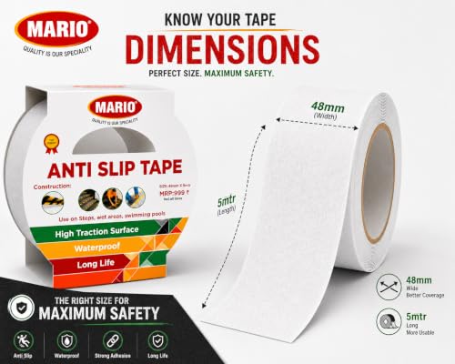 Image of Mario Transparent Anti Skid Tape 50mm x 5m | Clear Anti Slip Safety Grip Tape for Stairs, Tiles, Bathroom, Kitchen & Floor | Waterproof Heavy Duty Self Adhesive Non-Slip Tape Indoor Outdoor Use