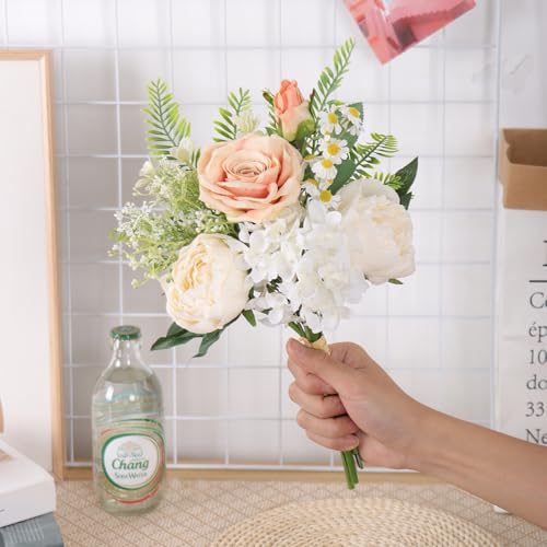 Fake Flowers Artificial Flowers Bouquet Champagne White Silk Flowers Bouquet Faux Flower Wedding Bouquets for Bride, Artificial Flowers for Decor Indoor Table Centerpieces Dresser  image 3