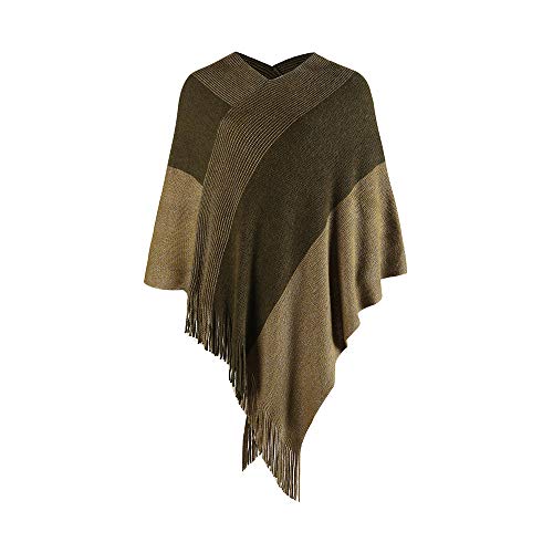 Image of Womens Poncho Sweater V Neck Striped Pullover Soft Scarf Wrap Cape with Fringes
