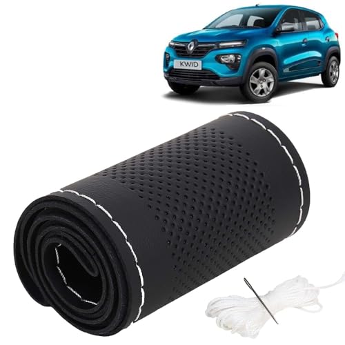 Image of KINGSWAY PU Leatherite Car Steering Cover Sewable Compatible with Renault Kwid (Year 2019 Onwards), Black Color with Silver Thread, Pack of 1 with Sewing Needle and Thread