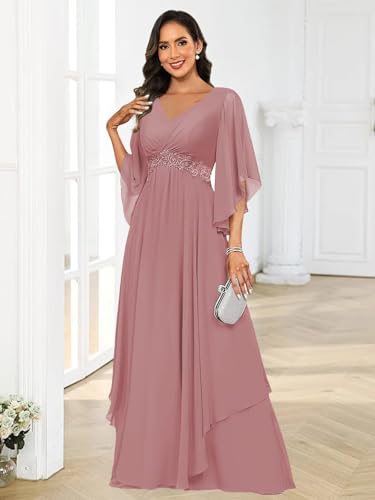 3/4 Sleeve Mother of The Bride Dresses for Women Lace Applique V Neck Pleated Formal Dress4