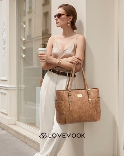 Image of LOVEVOOK Laptop Tote Bag for Women, Vintage Leather 15.6 Inch Work Tote with Large Water Bottle Pocket, Teacher Nurse Professional Computer Bag, Office Briefcase Handbag Gift, Printed Brown