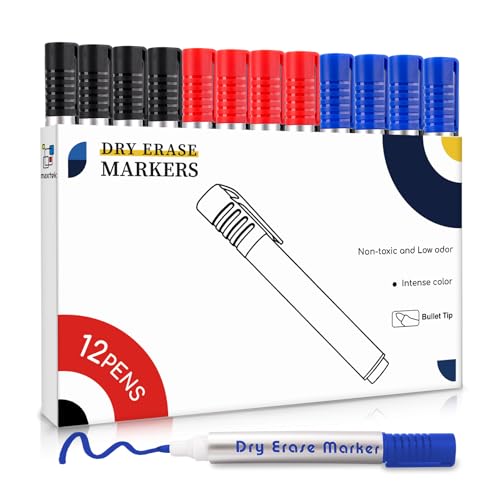 maxtek Set 12 Pennarelli Lavagna Bianca Cancellabile, Punta rotonda 2-3mm larghezza della linea, inchiostro a basso odore a 3 colori, Scuola, Ufficio, Casa
