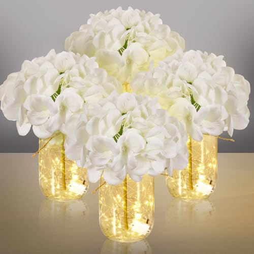 Juinte 4 Sets Mason Jar Centerpiece with LED Lights and White Hydrangea Fake Flowers Vase for Wedding Bridal Shower Party Coffee Table Decor