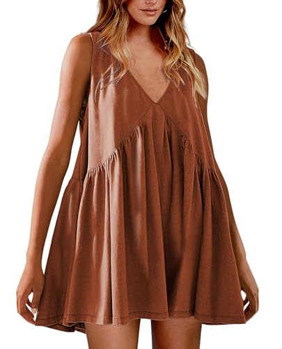 Image of Womens Babydoll Dress Summer Sleeveless Mini Dress Casual Loose V Neck Swing Flowy Beach Sundresses with Pockets