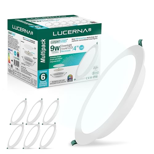 LUCERNA Downlight led techo empotrable 9W - Focos LED interior techo Redondo Blanco Frío 6500 K - 1000 LM- Plafon LED techo cocina agujeros Ф110-120mm - Focos Downlights encastrables en PACK de 6