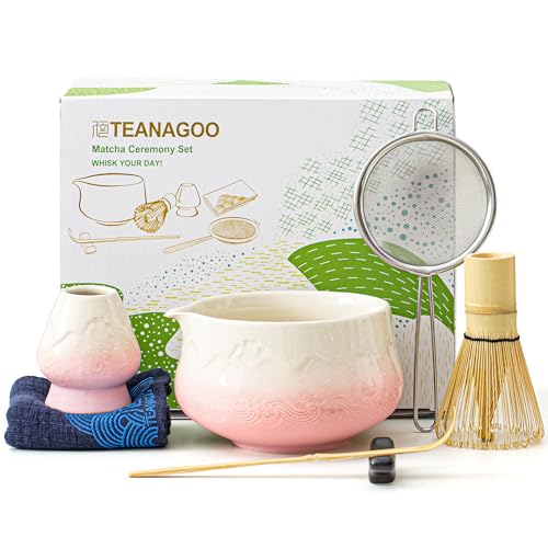 TEANAGOO Juego de 7 batidores de matcha, juego de matcha rosa, kit de polvo de matcha de ceremonia, juego de té matcha para hacer café con leche, juego de batidor de matcha y cuenco con cuchara y