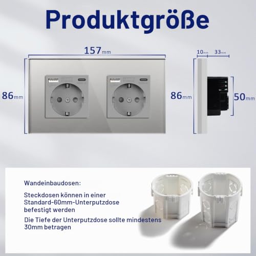 BSEED Steckdose mit USB C aus Glas, Unterputz Wandsteckdose, 16Amp EU Standard Stekckdosen, Einfach Montage 2 Fach 157mm Grau 2 Pack – Ansicht 4
