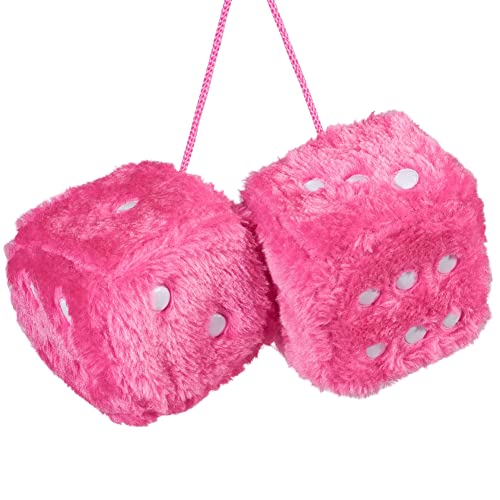 Image of 2.95'' Retro Fuzzy Plush Dice Car Charm Square Rear View Mirror Hanging Ornament Accessories, Pink