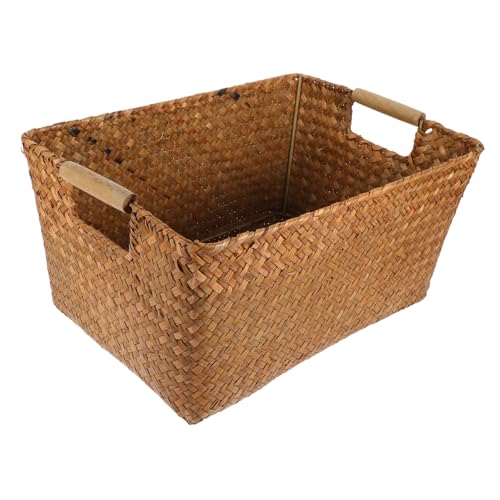 NIYANGLE Cesta Tejida de Almacenaje con Asas de Madera Organizador Multiusos para Escritorio Almacenamiento de Hogar para Libros Juguetes y Frutas Diseño Rectangular Mediano