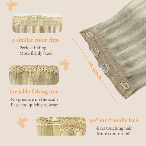 Image of DOORES Wire Hair Extensions 12 Inch 70 g Remy Human Wire Hair Extensions Invisible Transparent Line Adjustable Hairpieces Secret Ash Blonde Highlighted Platinum Blonde