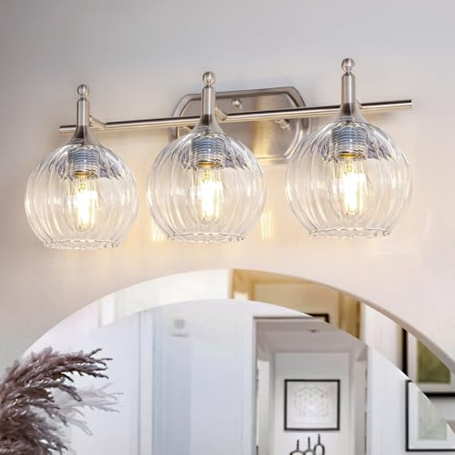 Image of Bathroom Vanity Light Brushed Nickel Bathroom Light Fixtures with Clear Glass Shade Hardwired E26 Base(Max 60W) Chrome Modern 3-Light Vanity Lights