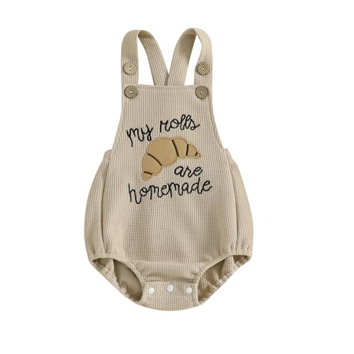 CEHEDDO Baby Boy Girl Thanksgiving Outfit My Rolls are Homemade Onesie Turkey Bubble Romper Strap Waffle Overalls Bodysuit (Khaki 6-12 Months)