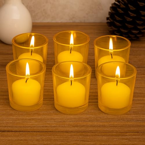Pure Source India Votive Glass– Pack of 6 | Decorative Tealight Holders with One Tea Light Candles for Home Décor, Diwali Decoration, Weeding Decor & Festive Lighting (Yellow)