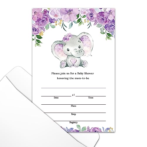 Purple Floral Elephant Baby Shower Party Invitations with Envelopes Set of 25, Elephant Double-Sided Fill-In Invites for Gender Reveal Baby Announcement, Baby Shower Party Supplies Decorations - A005