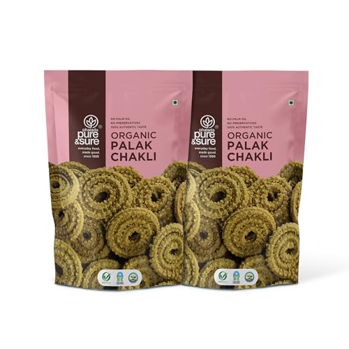 Image of Pure & Sure Organic Palak Chakli-240gm | Delicious Crunchy Namkeen & Snacks | Ready to Eat Tea Time Snacks, Cholesterol Free, No Trans Fats, No Preservatives| 120gm each (Pack of 2)