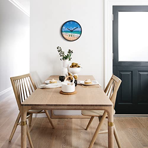 Image of 12'' Coastal Beach Wall Clock, Analog Clock with Digital Display | Silent Non-Ticking, Battery Operated, Shows Date Day & Temperature, Decorative for Living Room, Bedroom, Kitchen, Office