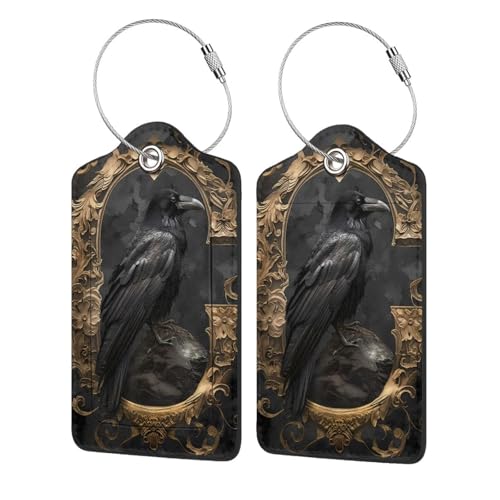 2 PCS Leather Luggage Tags for Suitcases - Gothic Raven Portrait Suitcase Tags Luggage Identifiers for Suitcases, ID Labels Name Travel Bag for Luggage Accessories with Steel Loop
