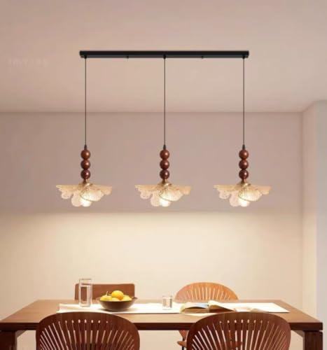 Lampe suspendue 3 lampes en bois massif et métal fer pour salle à manger