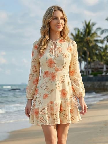 Image of Allegra K Women's Spring Dresses 2026 Tie V Neck Semi Sheer Long Sleeve Layered Tiered Chiffon Mini Floral Dress