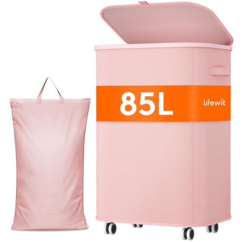 Image of Lifewit 85L Large Laundry Basket with Wheels and Lid, Pink