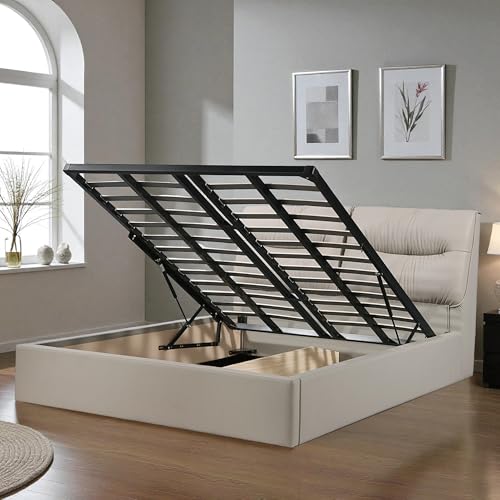 Image of The Attic Verona Queen Size Hydraulic Storage Bed with Soft Tufted Headboard Earthy Grey