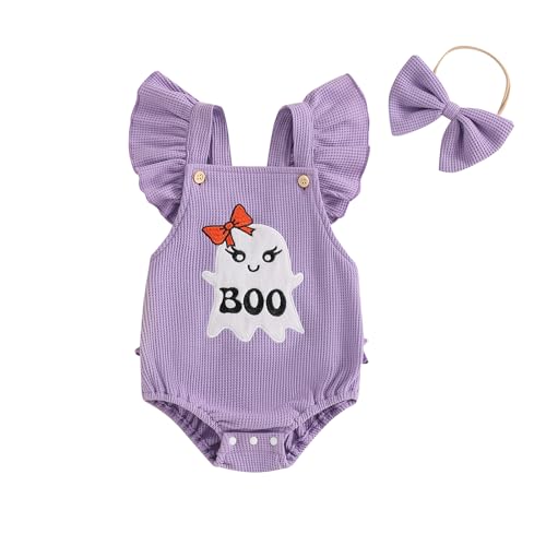 Infant Newborn Baby Girl Halloween Outfits Cute Ghost Embroidery Ruffle Sleeve Romper Headband Waffle Clothes Set