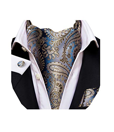 Dubulle Men's Woven Paisley Floral Ascot Classic Cravat Neckties Handkerchief Cufflinks Set Blue and Brown, M