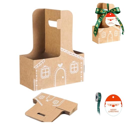 Generico Portabevande per Pan di Zenzero, con Manico 2 Tazze Portabevande per caffè Kraft Casetta di Pan di Zenzero, Scatole per Avvolgere Regali con Biglietti d'Auguri e Nastri (20PCS)