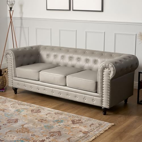 Bravich Leather Chesterfield Sofa- Grey. 3 Seater Settee, Faux Bonded Leather Vintage Couch. Living Room Furniture, Easy Clean. 3 Seater- 209cm x 90cm x 78cm - Image 2